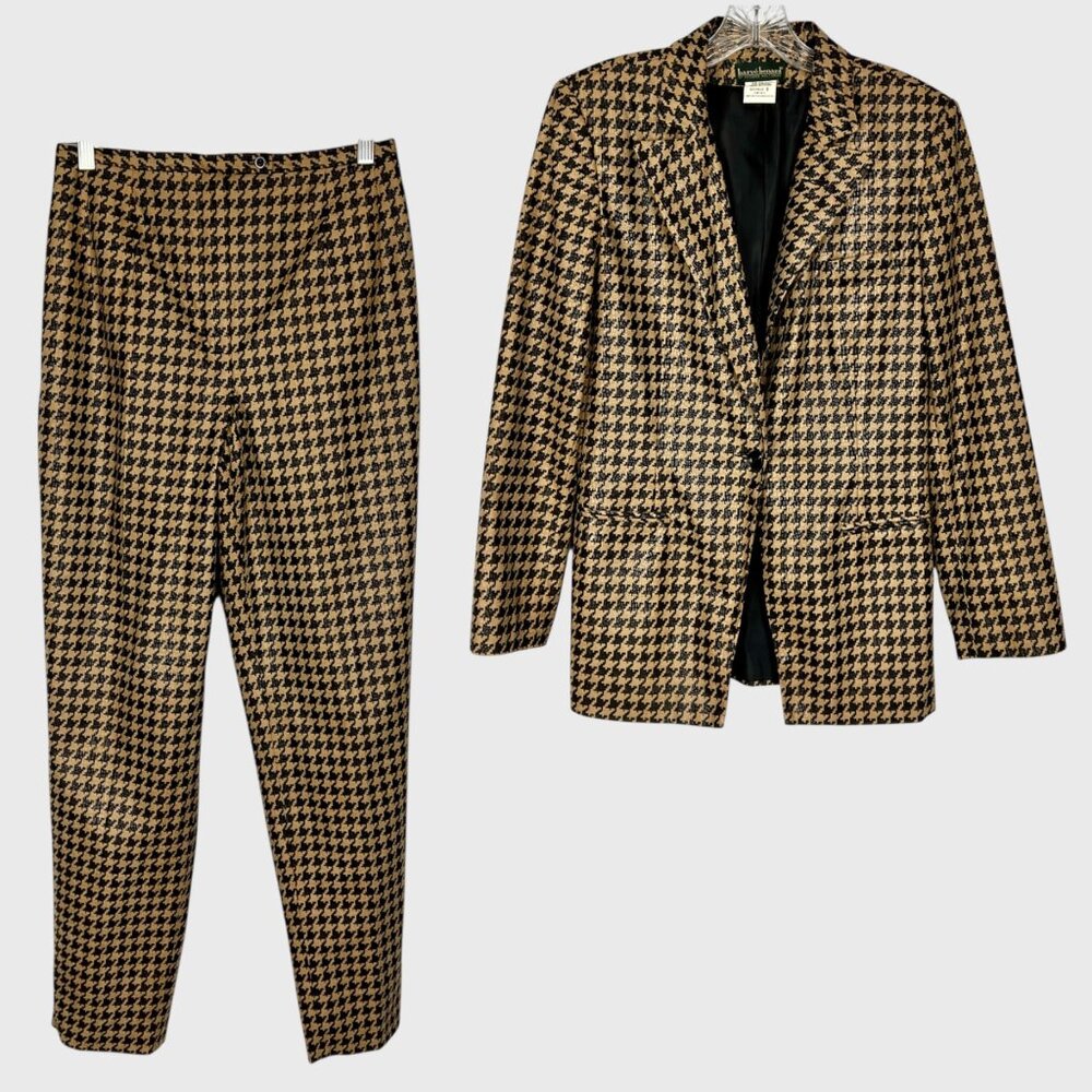 Harve Benard Womens Pantsuit 2 Piece Blazer Pants Tan Black Houndstooth size 8